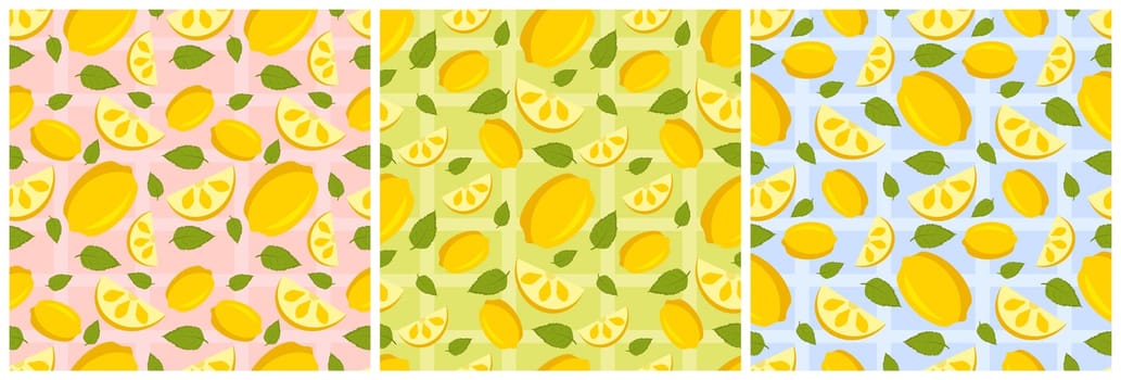 Set of Vegetarian, Fruit or Vegetables Seamless Pattern Design with Fresh, Organic and Natural Food in Hand Drawn Flat Cartoon Background Illustration