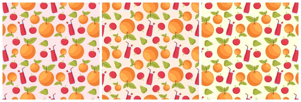 Set of Vegetarian, Fruit or Vegetables Seamless Pattern Design with Fresh, Organic and Natural Food in Hand Drawn Flat Cartoon Background Illustration