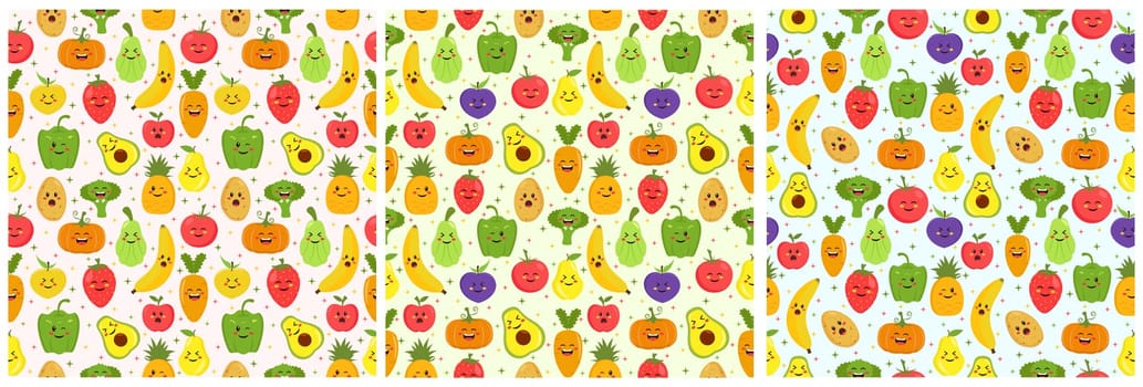 Set of Vegetarian, Fruit or Vegetables Seamless Pattern Design with Fresh, Organic and Natural Food in Hand Drawn Flat Cartoon Background Illustration