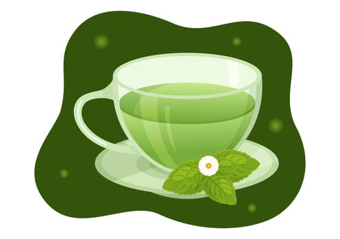 Herbal Tea with Chamomile Leaves of Health Drink Green to Increase Endurance in Template Hand Drawn Cartoon Flat Background Illustration