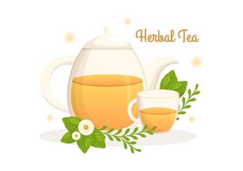 Herbal Tea with Chamomile Leaves of Health Drink Green to Increase Endurance in Template Hand Drawn Cartoon Flat Background Illustration