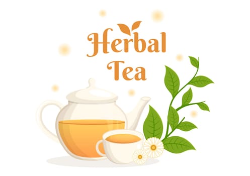 Herbal Tea with Chamomile Leaves of Health Drink Green to Increase Endurance in Template Hand Drawn Cartoon Flat Background Illustration