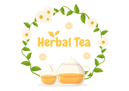 Herbal Tea with Chamomile Leaves of Health Drink Green to Increase Endurance in Template Hand Drawn Cartoon Flat Background Illustration