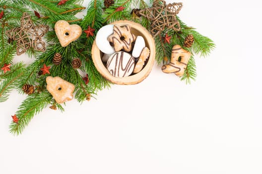 Nurnberg elisen gingerbread mix, traditional german christmas sweets with fir branches and pine cones, holiday background with copy space