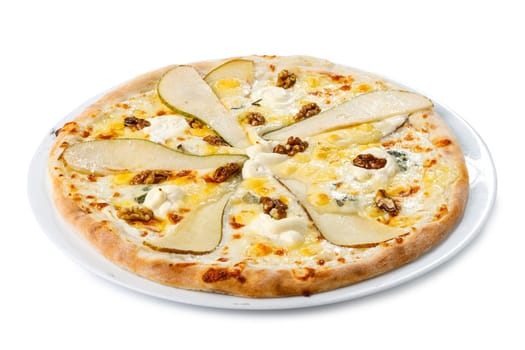 Original and non-traditional fruit homemade sweet pear pizza with cheese, honey and walnuts on white background. Close up of round rustic italian delicious food from dough.