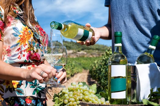 Vermentino wine. Young boy pours white wine into the goblet between the rows of a vineyard. Lifestyle, food and drink.
