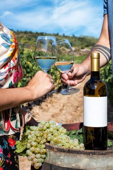 Vermentino wine. Young boys toast with a glass of white wine among the rows of a vineyard. Lifestyle, food and drink.
