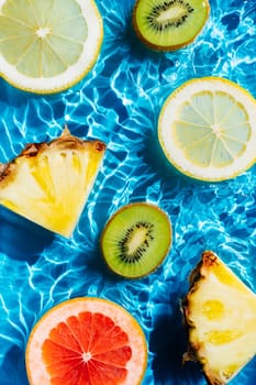 Vertical colorful image of fruit citrus lemon, kiwi, orange, pineapple, grapefruit, lemon, pomelo in water splashing fresh transparent surface with flecks. Flat lay, top view. Summer beach tropical