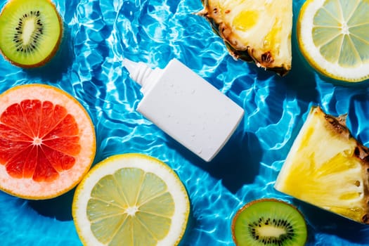 Beauty sunscreen cream vial tube bottle near fruit citrus lemon, kiwi, orange, pineapple, grapefruit, lemon in water. Flat lay, top view. Summer beach body skin care radiation concept