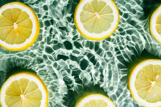 Transparent fresh exhilarant wave water with flecks background, lemon citrus slices. Summer freshness, healthy eating beach travel drinks concept. Vitaminic moisturizing care. Flat lay, copy space