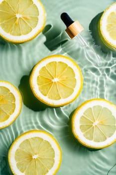 Facial pipette serum, whey beauty product near fruit citrus lemon in water splashing fresh transparent, flecks. Flat lay, top view. Summer beach tropical. Organic skin body antiage care in hot climate