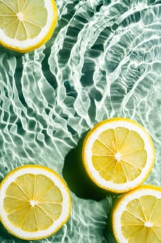 Transparent fresh exhilarant wave water with flecks background, lemon citrus slices. Summer freshness, healthy eating beach travel drinks concept. Vitaminic moisturizing care. Vertical. Copy space