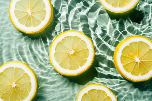 Transparent fresh exhilarant wave water with flecks background, lemon citrus slices. Summer freshness, healthy eating beach travel drinks concept. Vitaminic moisturizing care. Flat lay, top view