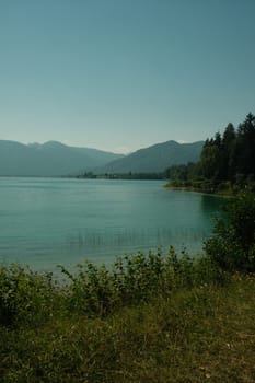 Panoramic view and shore at the Tegernsee in Bavaria in Germany