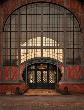 Vertical shot of Majestic entrance to the Zollern colliery in Dortmund, Germany