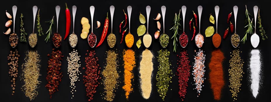 Various seasonings and herbs in spoons on dark background