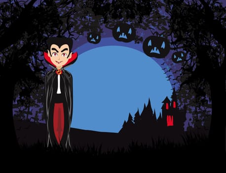 Cartoon Vampire with a haunted castle during the full moon, card with space for text