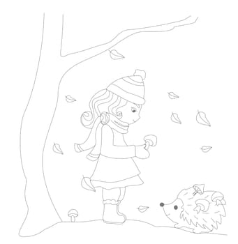 girl and hedgehog are picking mushrooms in autumn - coloring book