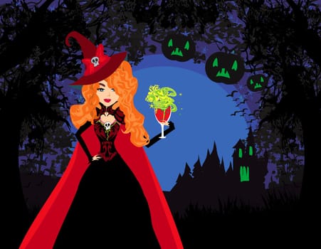 beautiful elegant red-haired witch with a drink of poison