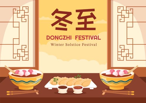 Dongzhi or Winter Solstice Festival Template Hand Drawn Cartoon Flat Illustration with Family Enjoying Chinese Food Tangyuan and Jiaozi Concept