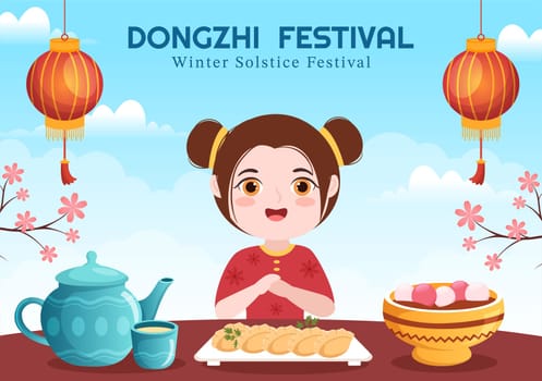Dongzhi or Winter Solstice Festival Template Hand Drawn Cartoon Flat Illustration with Family Enjoying Chinese Food Tangyuan and Jiaozi Concept