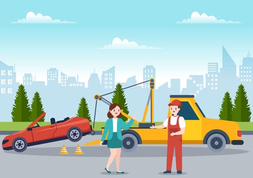 Auto Towing Car Using a Truck with Roadside Assistance Service in Template Hand Drawn Cartoon Flat Background Illustration