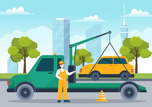 Auto Towing Car Using a Truck with Roadside Assistance Service in Template Hand Drawn Cartoon Flat Background Illustration