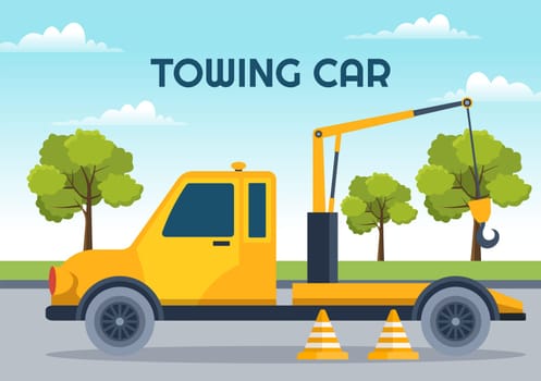 Auto Towing Car Using a Truck with Roadside Assistance Service in Template Hand Drawn Cartoon Flat Background Illustration