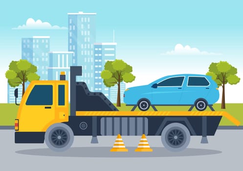 Auto Towing Car Using a Truck with Roadside Assistance Service in Template Hand Drawn Cartoon Flat Background Illustration