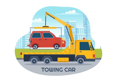 Auto Towing Car Using a Truck with Roadside Assistance Service in Template Hand Drawn Cartoon Flat Background Illustration