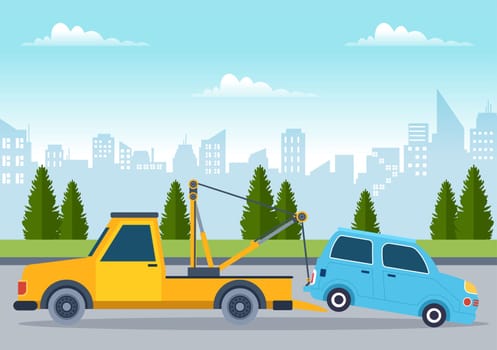 Auto Towing Car Using a Truck with Roadside Assistance Service in Template Hand Drawn Cartoon Flat Background Illustration