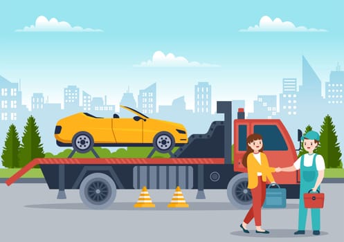 Auto Towing Car Using a Truck with Roadside Assistance Service in Template Hand Drawn Cartoon Flat Background Illustration