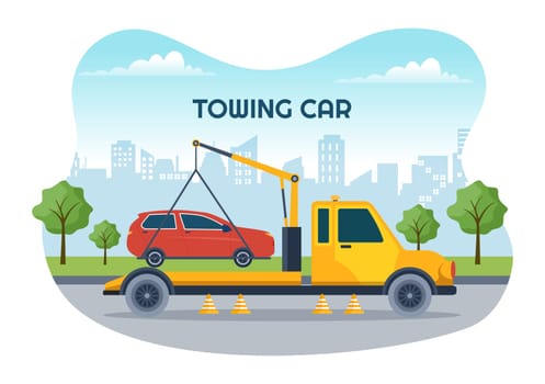 Auto Towing Car Using a Truck with Roadside Assistance Service in Template Hand Drawn Cartoon Flat Background Illustration