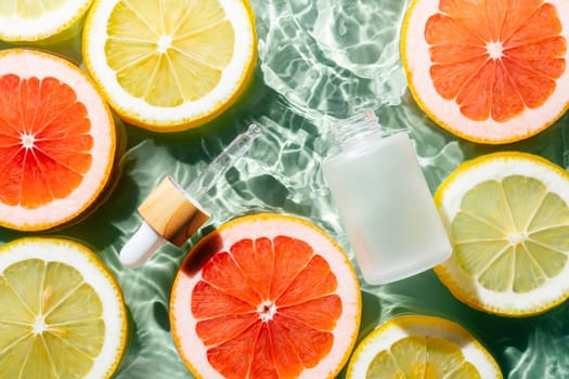 Facial pipette serum, whey beauty product near fruit citrus lemon and grapefruit in water fresh transparent. Flat lay, top view. Summer beach tropical. Organic skin body antiage care in hot climate