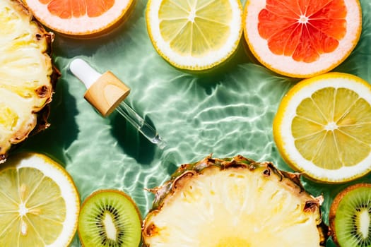 Facial pipette serum, whey beauty product near fruit citrus lemon, kiwi, orange, pineapple, grapefruit in water fresh transparent. Flat lay, top view. Organic skin body care in hot climate