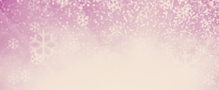 Pink bokeh background with snowflakes for christmas, defocused round lights and sunbeams, flare overlay