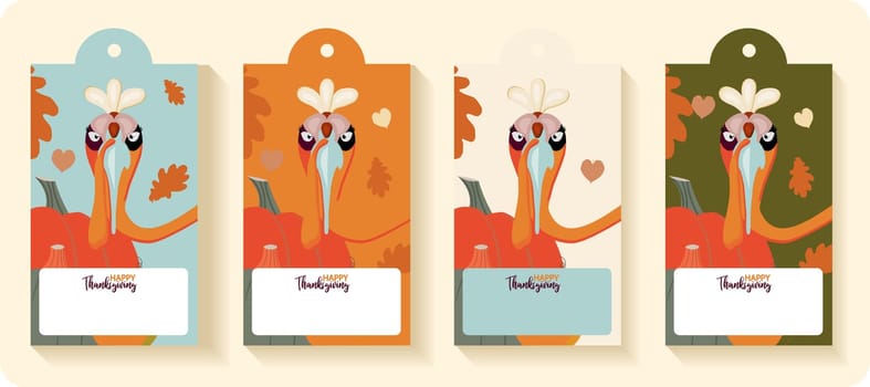 Happy Thanksgiving autumn set. Vector illustration. Thanksgiving digital painting, cute turkey gift tags, cards. Festive background with funny turkeys.