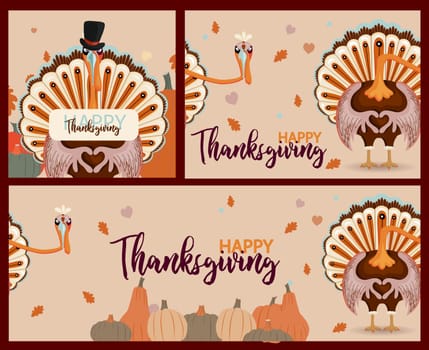 Thanksgiving autumn set. Vector illustration.Thank you digital painting, cute turkey banner, card. Festive background with funny turkey.