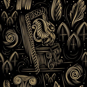 Seamless pattern with gargoyles. Halloween mood pattern. Black background with gold pattern. Gothic style.