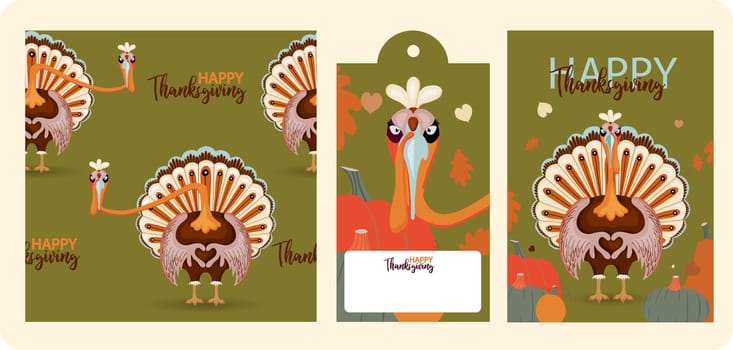 Thanksgiving autumn set. Vector illustration.Thank you digital painting, cute turkey banner, card. Festive background with funny turkey.