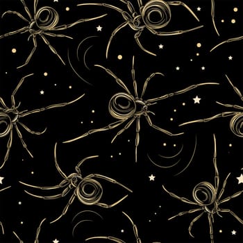 Seamless pattern with spiders and stars. Halloween mood pattern. Black background with gold pattern. Terrible scary pattern.