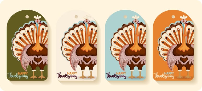Happy Thanksgiving autumn set. Vector illustration. Thanksgiving digital painting, cute turkey gift tags, cards. Festive background with funny turkeys.