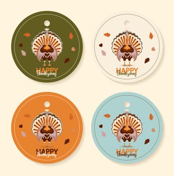 Happy Thanksgiving autumn set. Vector illustration. Thanksgiving digital painting, cute turkey gift tags, cards. Festive background with funny turkeys.