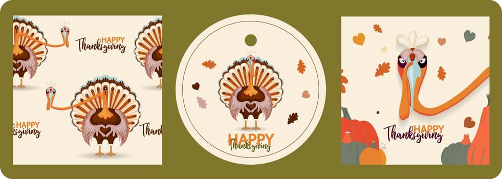 Thanksgiving autumn set. Vector illustration.Thank you digital painting, cute turkey banner, card. Festive background with funny turkey.