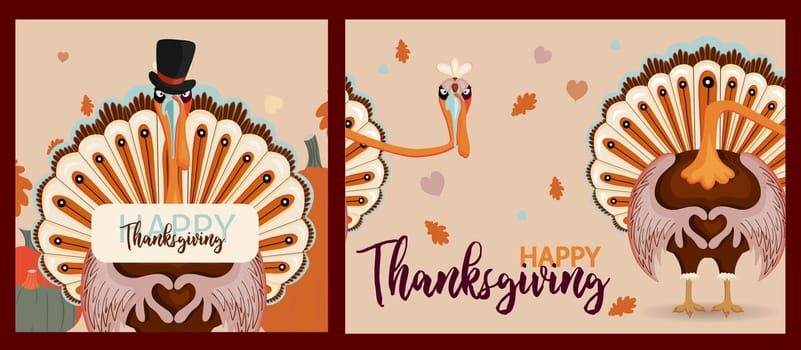 Thanksgiving autumn set. Vector illustration.Thank you digital painting, cute turkey banner, card. Festive background with funny turkey.