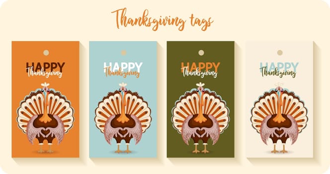 Happy Thanksgiving autumn set. Vector illustration. Thanksgiving digital painting, cute turkey gift tags, cards. Festive background with funny turkeys.