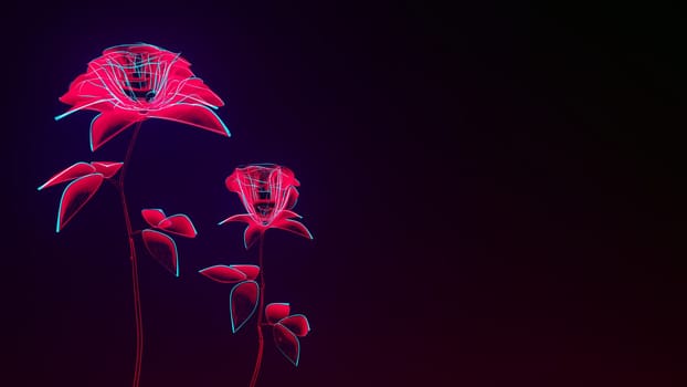 red flowers glowing drawing of roses on black copy space background love romance valentine 3D illustration