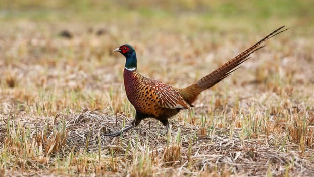 Common pheasant, phasianus colchicus, walking on field in agriculture land. Ring-necked bird moving on dry grass in autumn. Brown animal marching on yellow meadow.