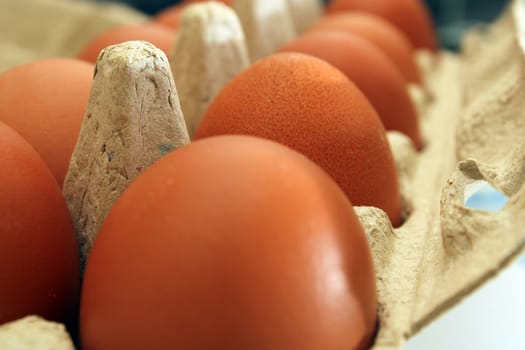 Chicken eggs in eco-friendly cardboard packaging close-up. Ecology concept. Healthy food concept.