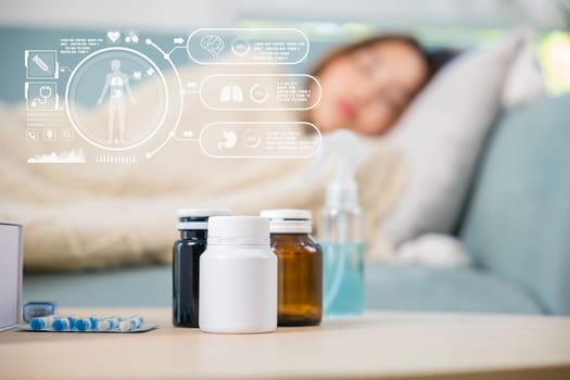 Asian young woman cold sick she sleeping and resting on sofa after take pills at home, beautiful female health problem use pharmacy kit box delivery service from hospital, delivery pharmacy concept